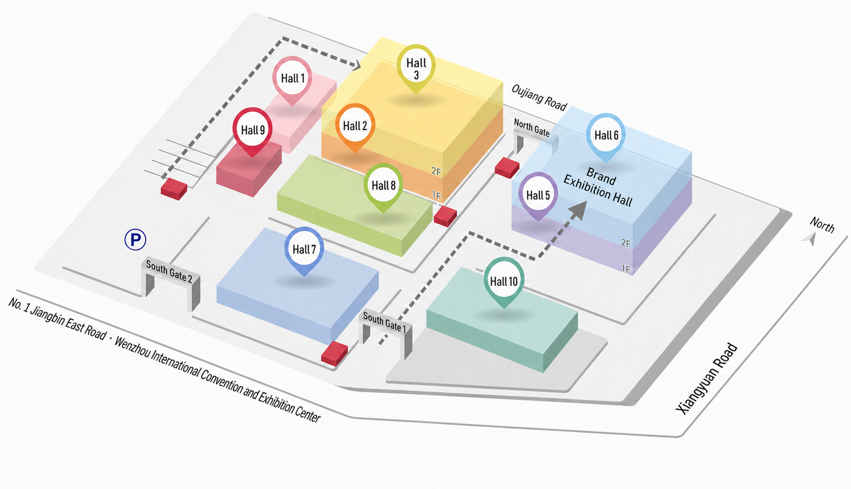 Map of exhibition halls and entrances at Wenzhou International Convention and Exhibition Center
