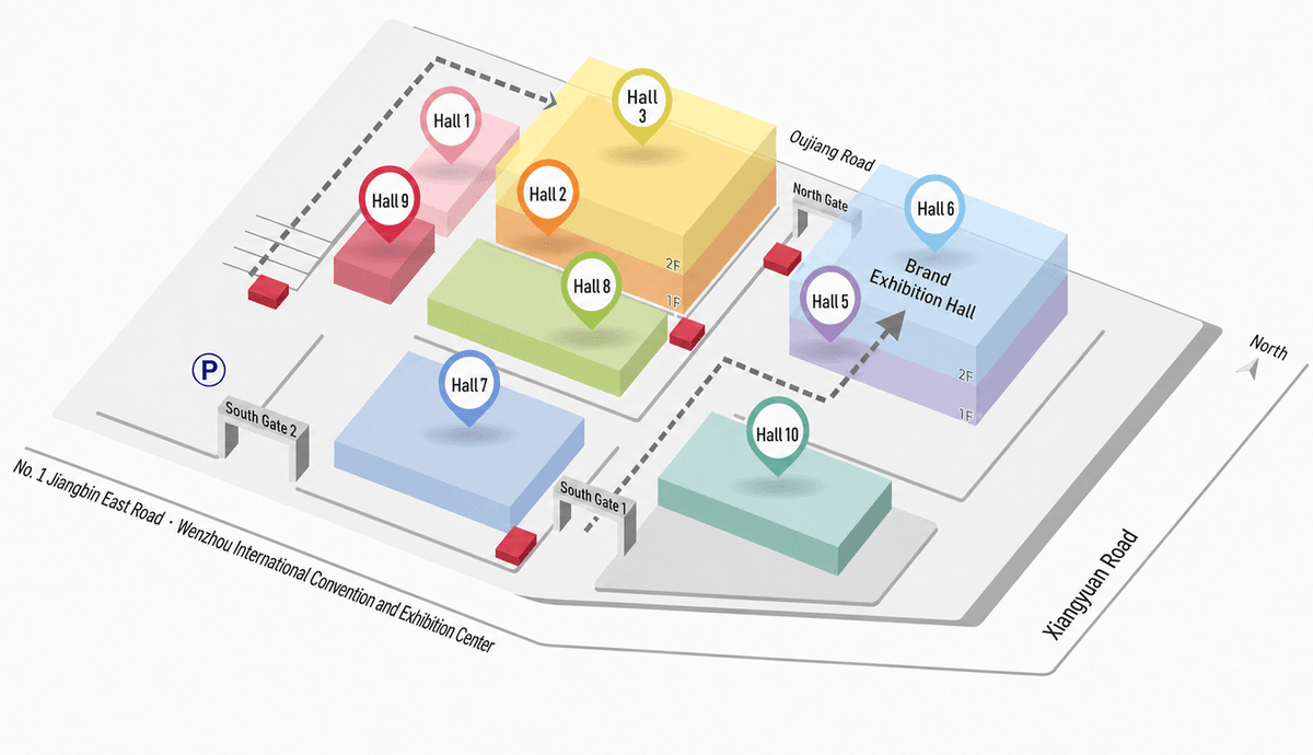Map of exhibition halls and entrances at Wenzhou International Convention and Exhibition Center