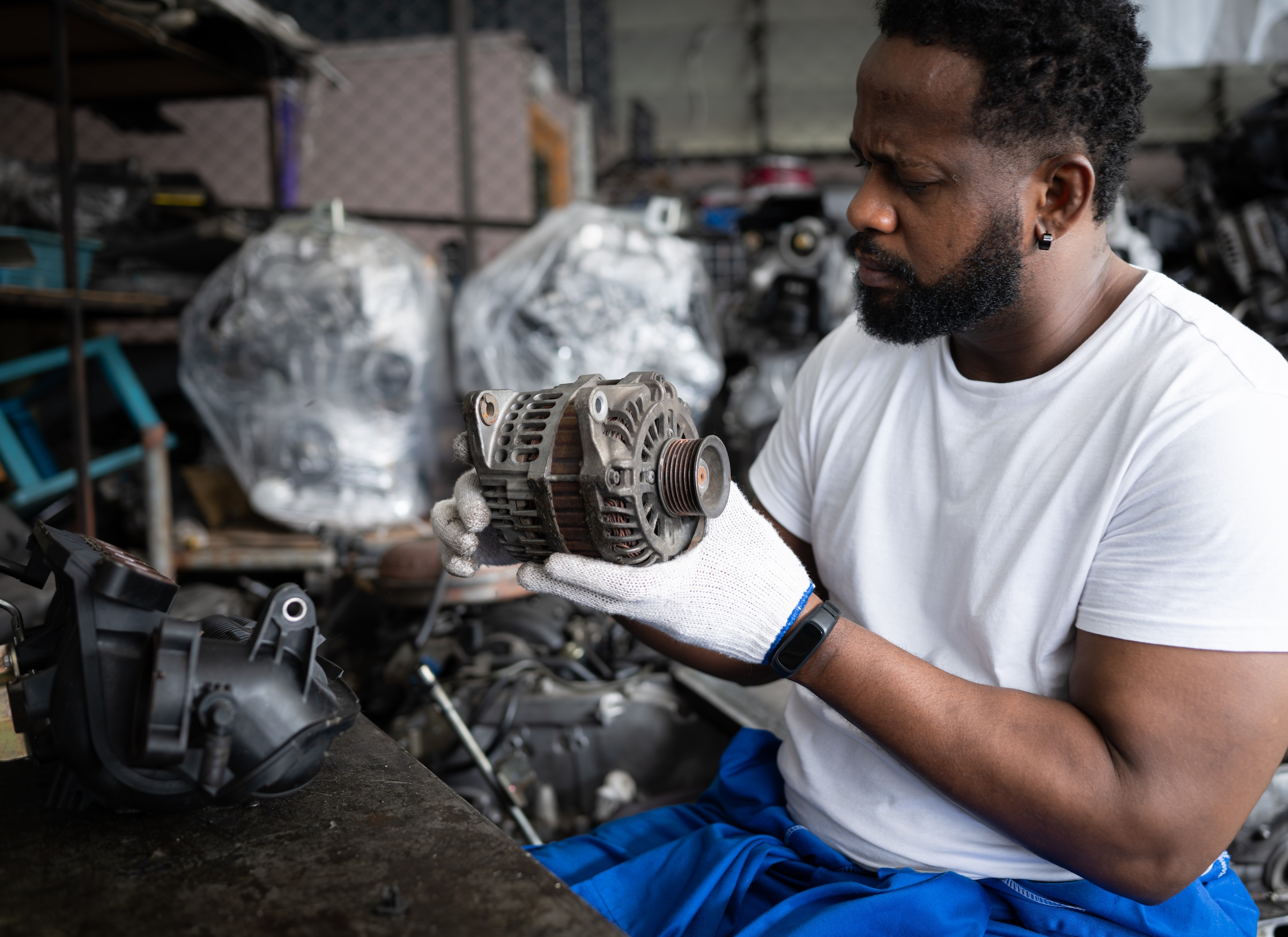 Mechanic inspecting a used car alternator in an auto repair workshop